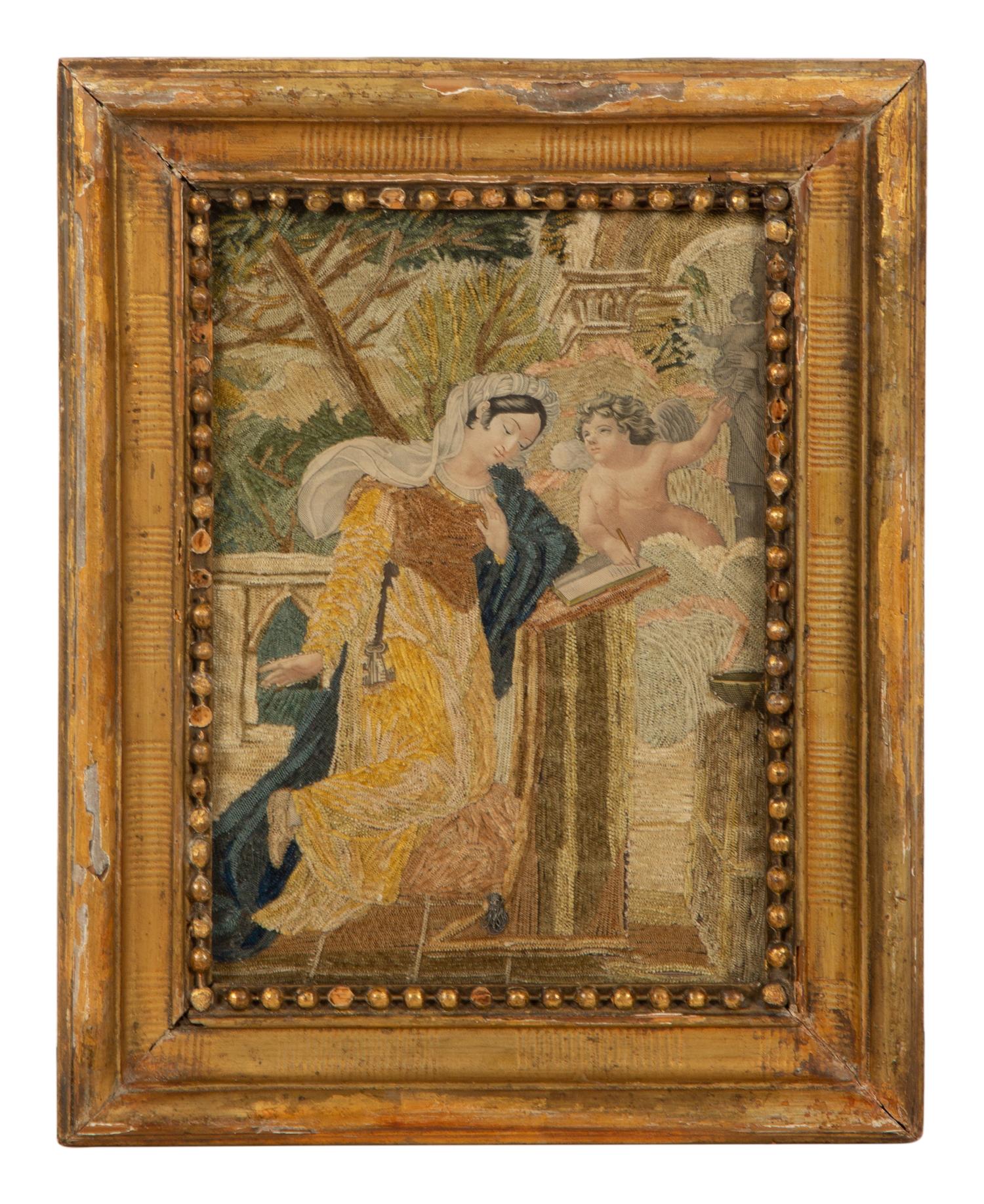An English Needlework, Silk and Paper Collage Depicting a Woman At Prayer