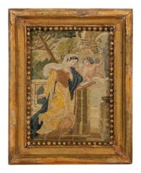 An English Needlework, Silk and Paper Collage Depicting a Woman At Prayer