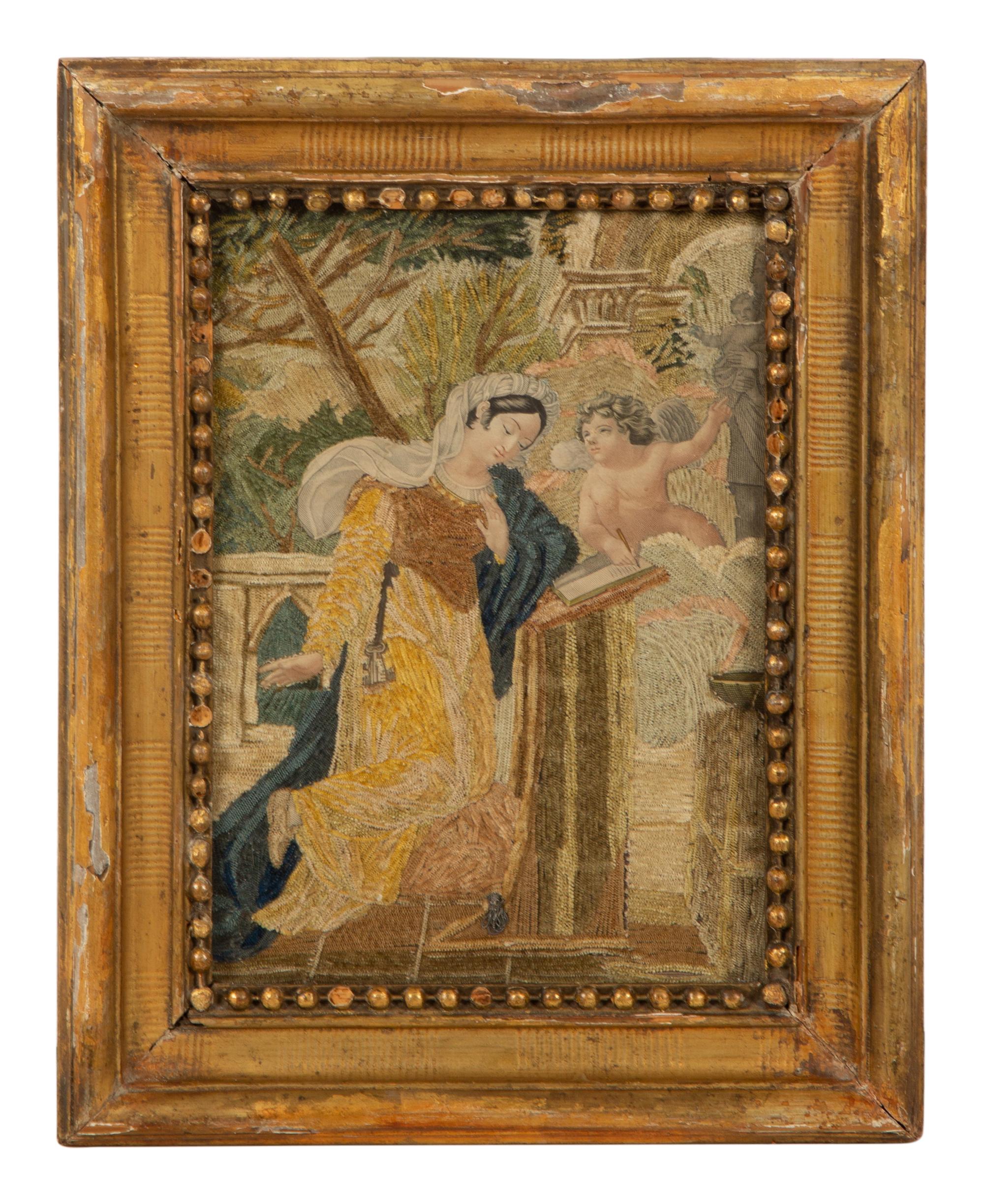 An English Needlework, Silk and Paper Collage Depicting a Woman At Prayer