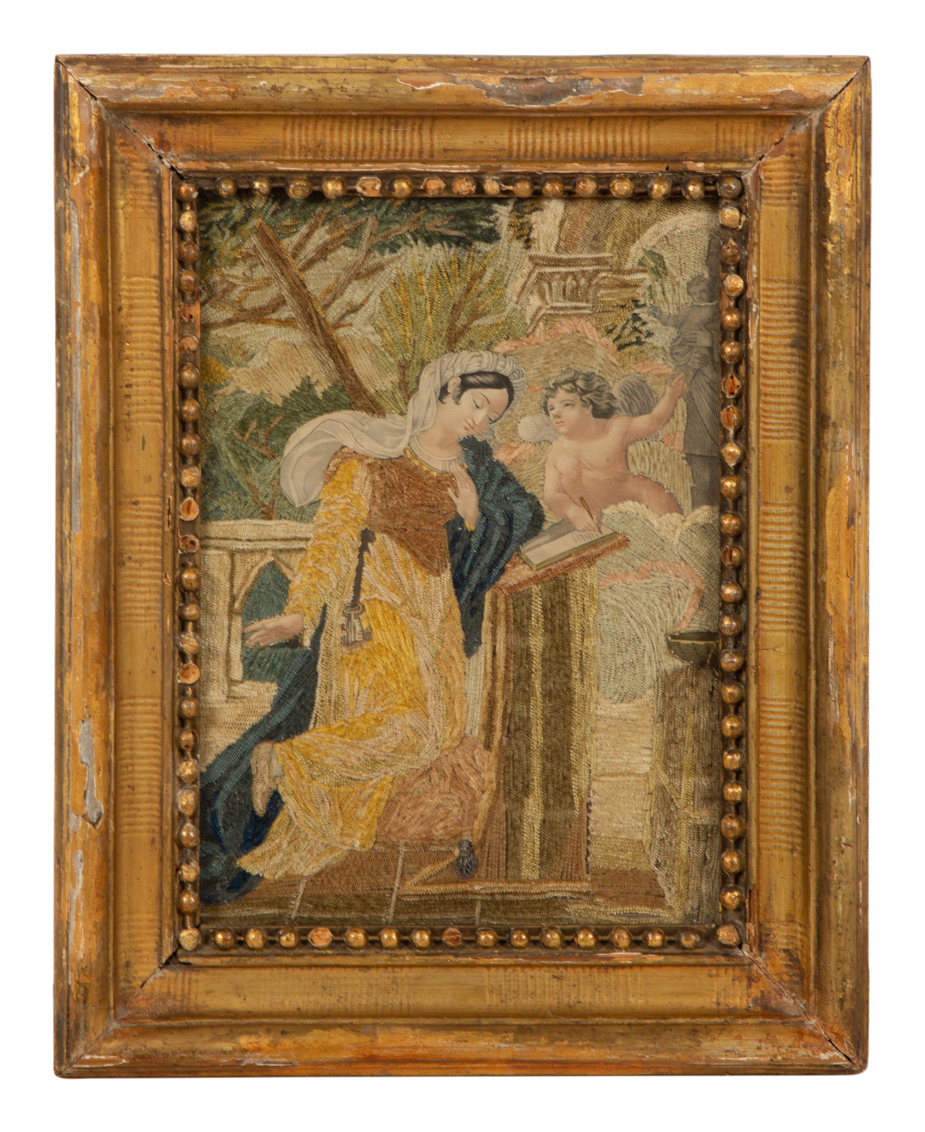 An English Needlework, Silk and Paper Collage Depicting a Woman At Prayer