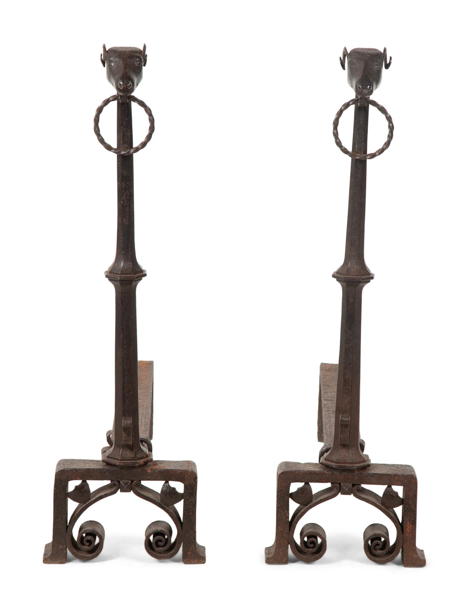 A Pair of Bronze Andirons with Ram Head Finials — 20TH CENTURY
