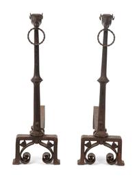 A Pair of Bronze Andirons with Ram Head Finials — 20TH CENTURY
