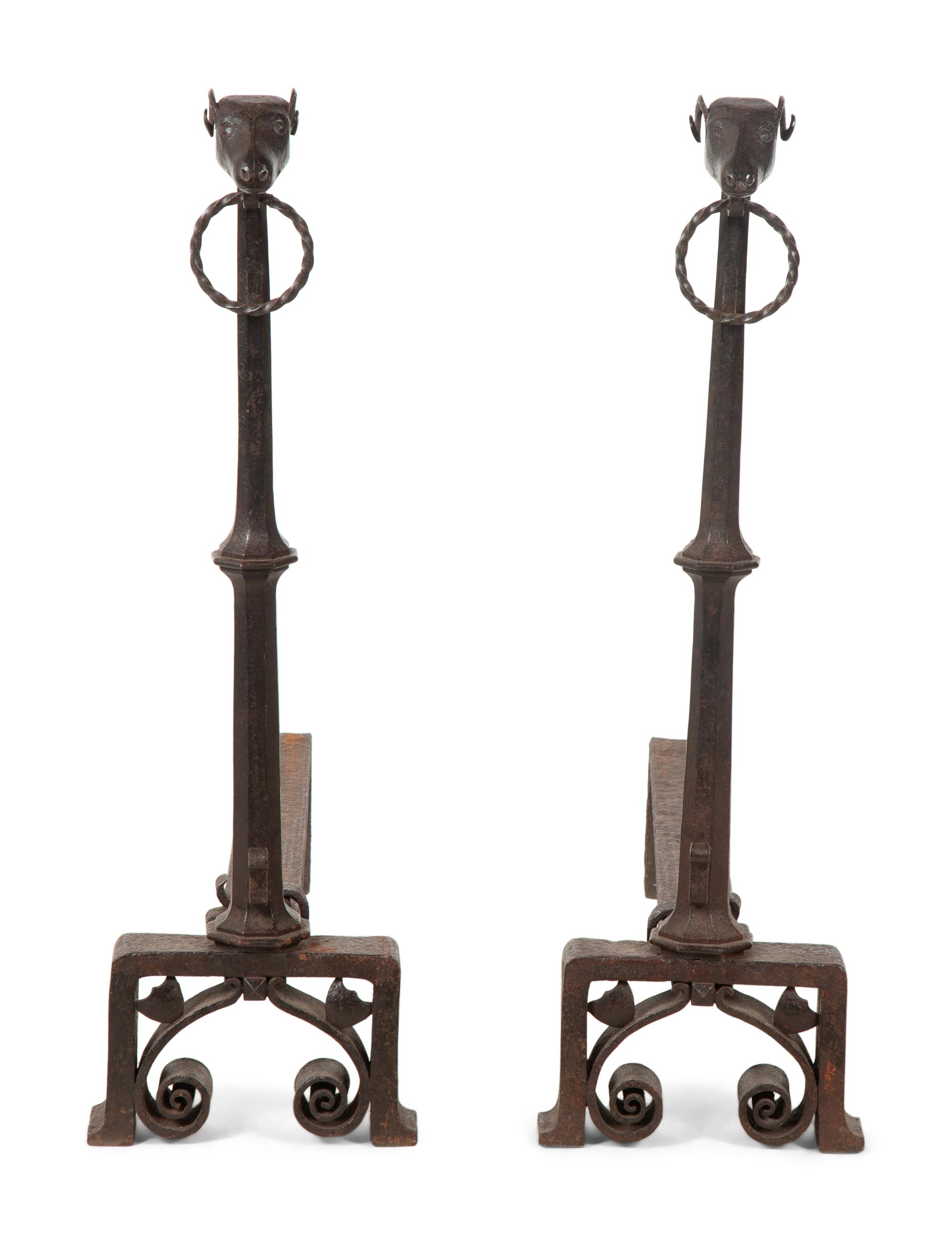 A Pair of Bronze Andirons with Ram Head Finials — 20TH CENTURY