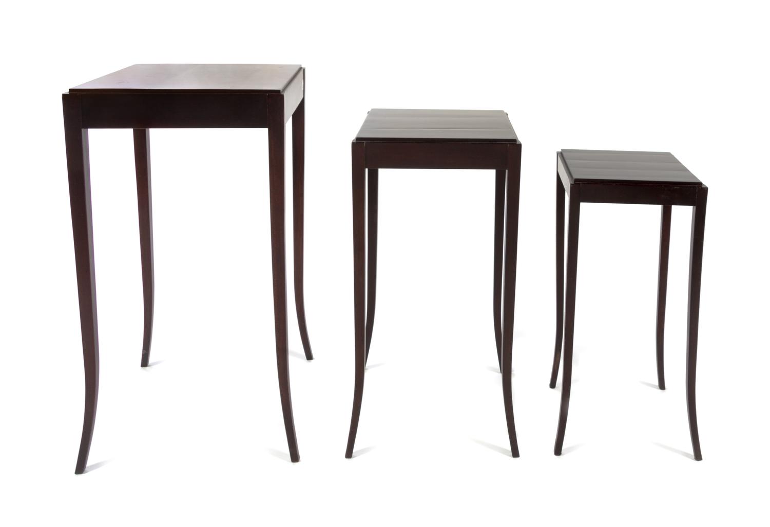 A Set of Three Art Deco Style Nesting Tables Height of largest 28 1/4 x width 14 3/4 x depth 14 3/4 inches. — BAKER, LATE 20TH CENTURY