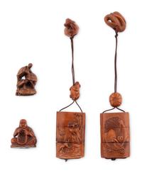 Two Japanese Boxwood Two-Tier Inro and Two Netsuke