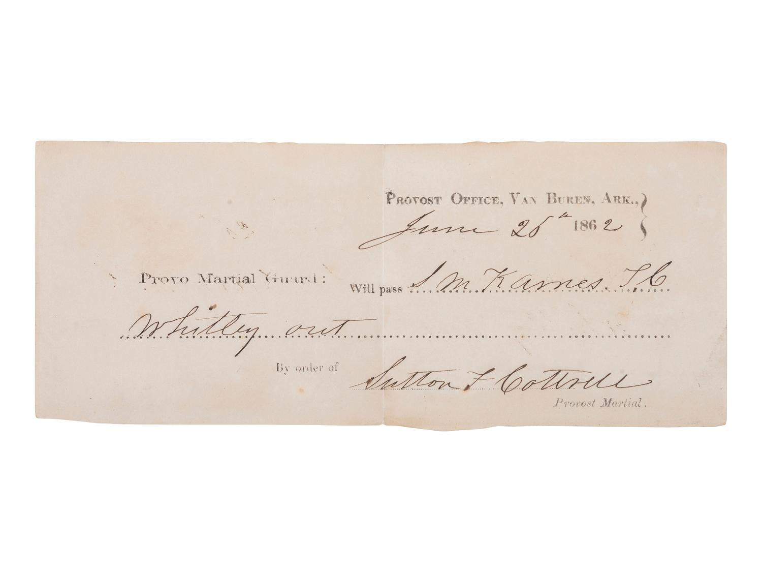 [CIVIL WAR - CONFEDERATE]. Special Orders No. 17 . Headquarters, Trans-Miss. District, Little Rock, Arkansas. 17 June 1862. [ With: ] Printed pass for Confederate soldier at Van Buren, Arkansas.