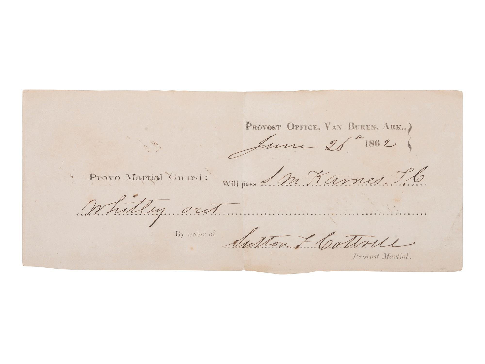 [CIVIL WAR - CONFEDERATE]. Special Orders No. 17 . Headquarters, Trans-Miss. District, Little Rock, Arkansas. 17 June 1862. [ With: ] Printed pass for Confederate soldier at Van Buren, Arkansas.