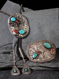 Matching Silver, Turquoise, and Coral Spiderweb Bolo Tie and Belt Buckle
