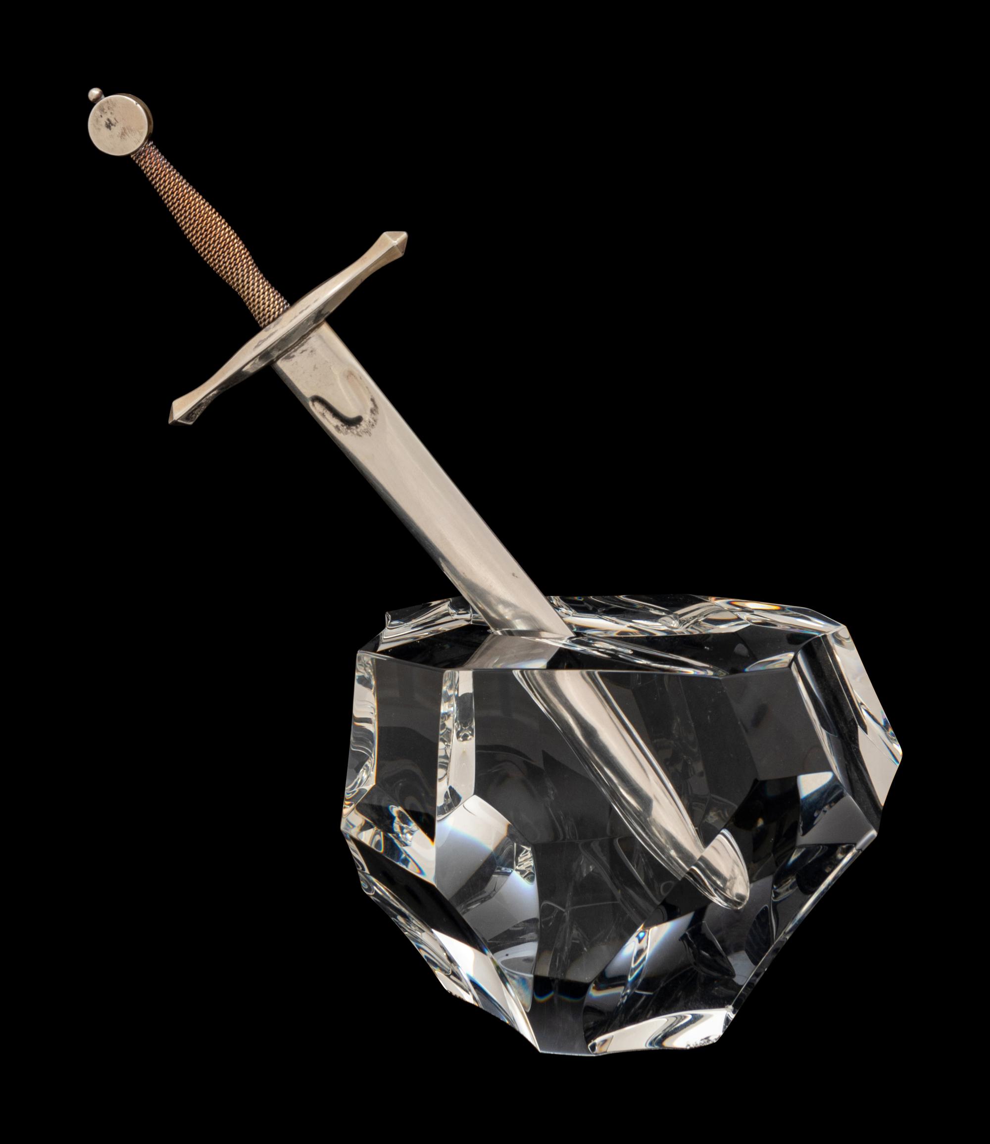 A Steuben Excalibur Silver and Glass Paperweight