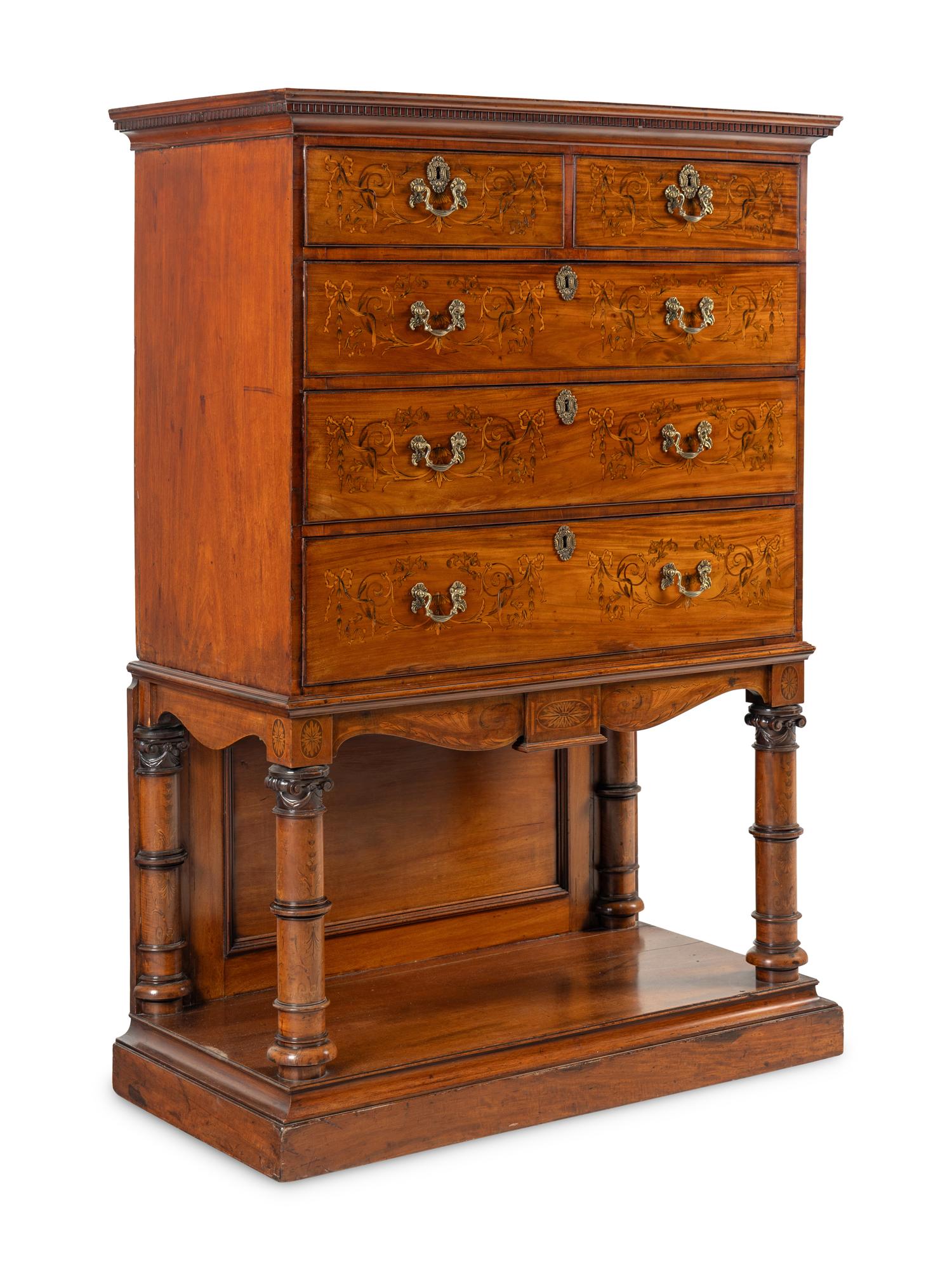 An English Mahogany, Marquetry and Penwork Chest-on-Stand