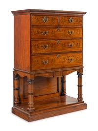 An English Mahogany, Marquetry and Penwork Chest-on-Stand