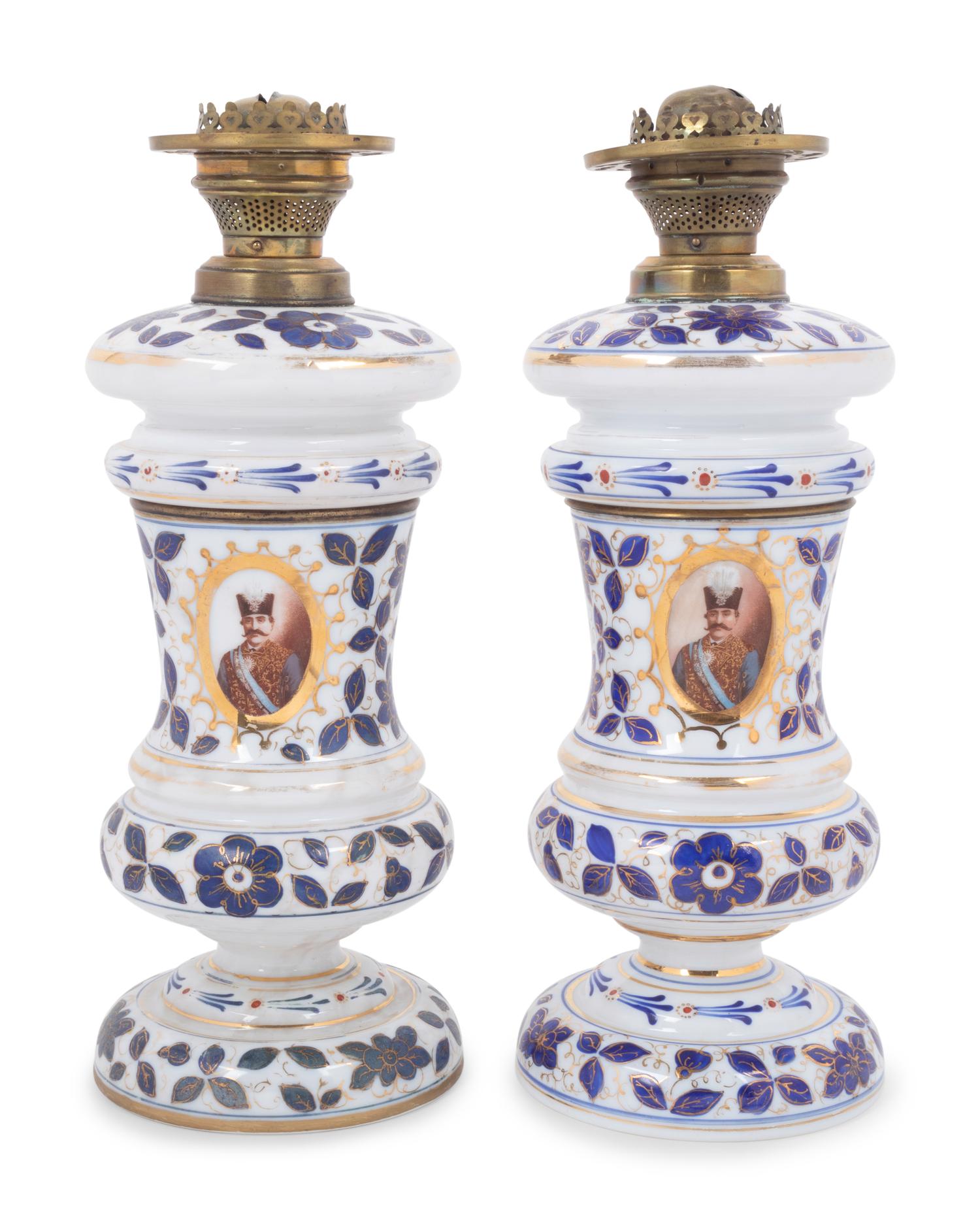 A Pair of Persian Market Opaline Glass Oil Lamps