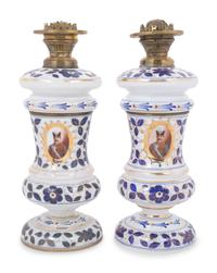 A Pair of Persian Market Opaline Glass Oil Lamps
