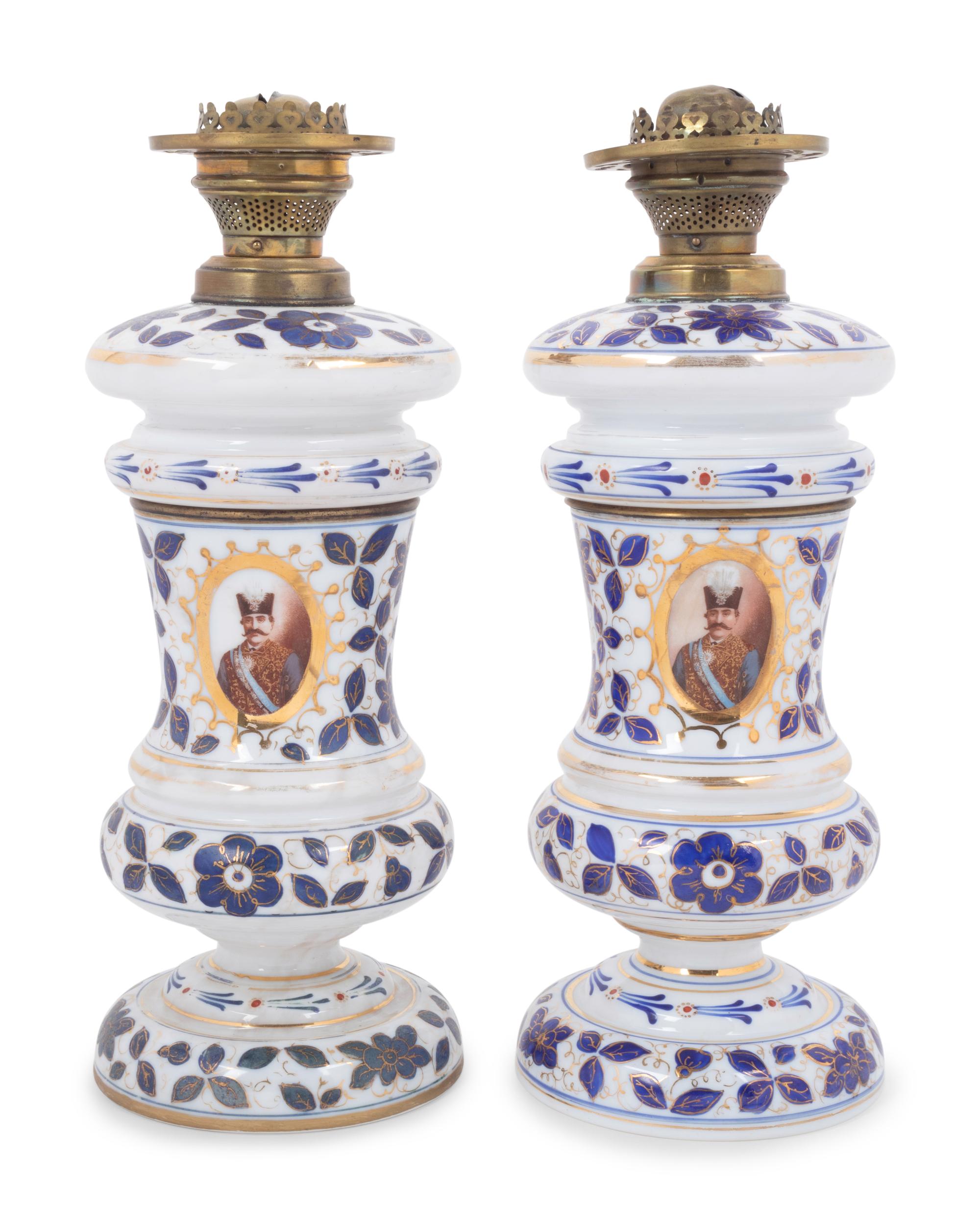 A Pair of Persian Market Opaline Glass Oil Lamps