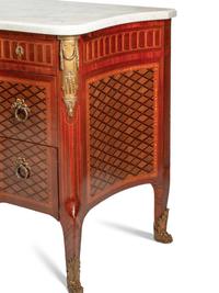 A Louis XVI Style Gilt Bronze Mounted Parquetry and Floral Marquetry Marble-Top Commode