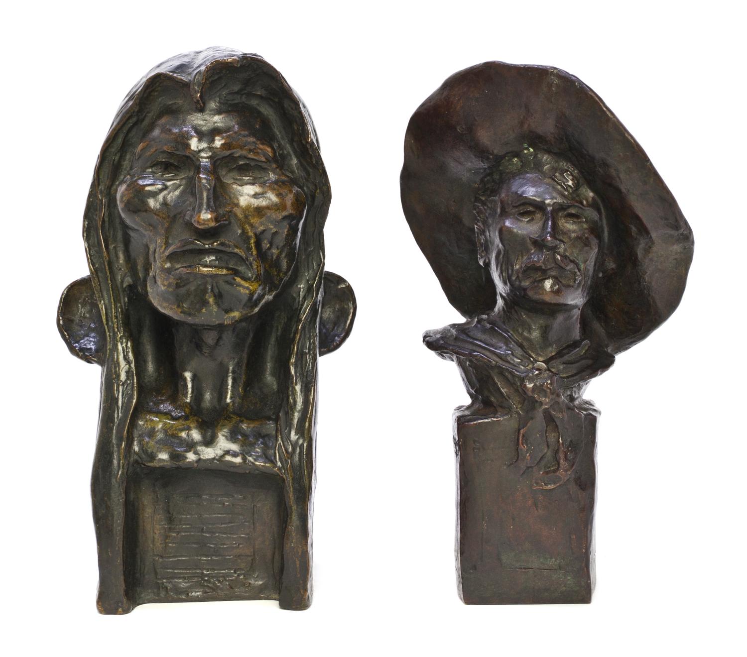Two American Bronze Busts, after Frederic Sackrider Remington (1861-1909), Height of taller 10 3/4 inches.