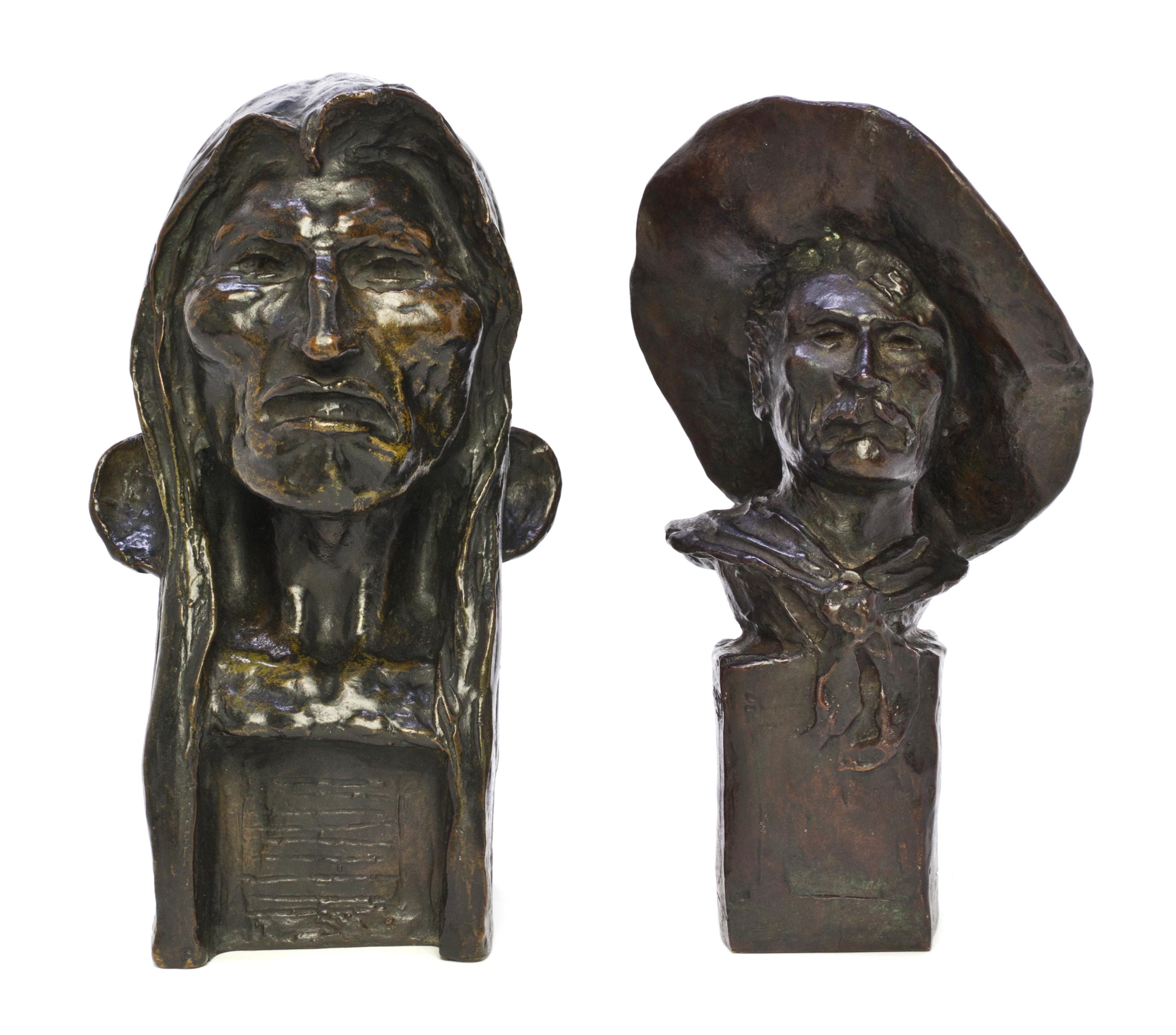 Two American Bronze Busts, after Frederic Sackrider Remington (1861-1909), Height of taller 10 3/4 inches.