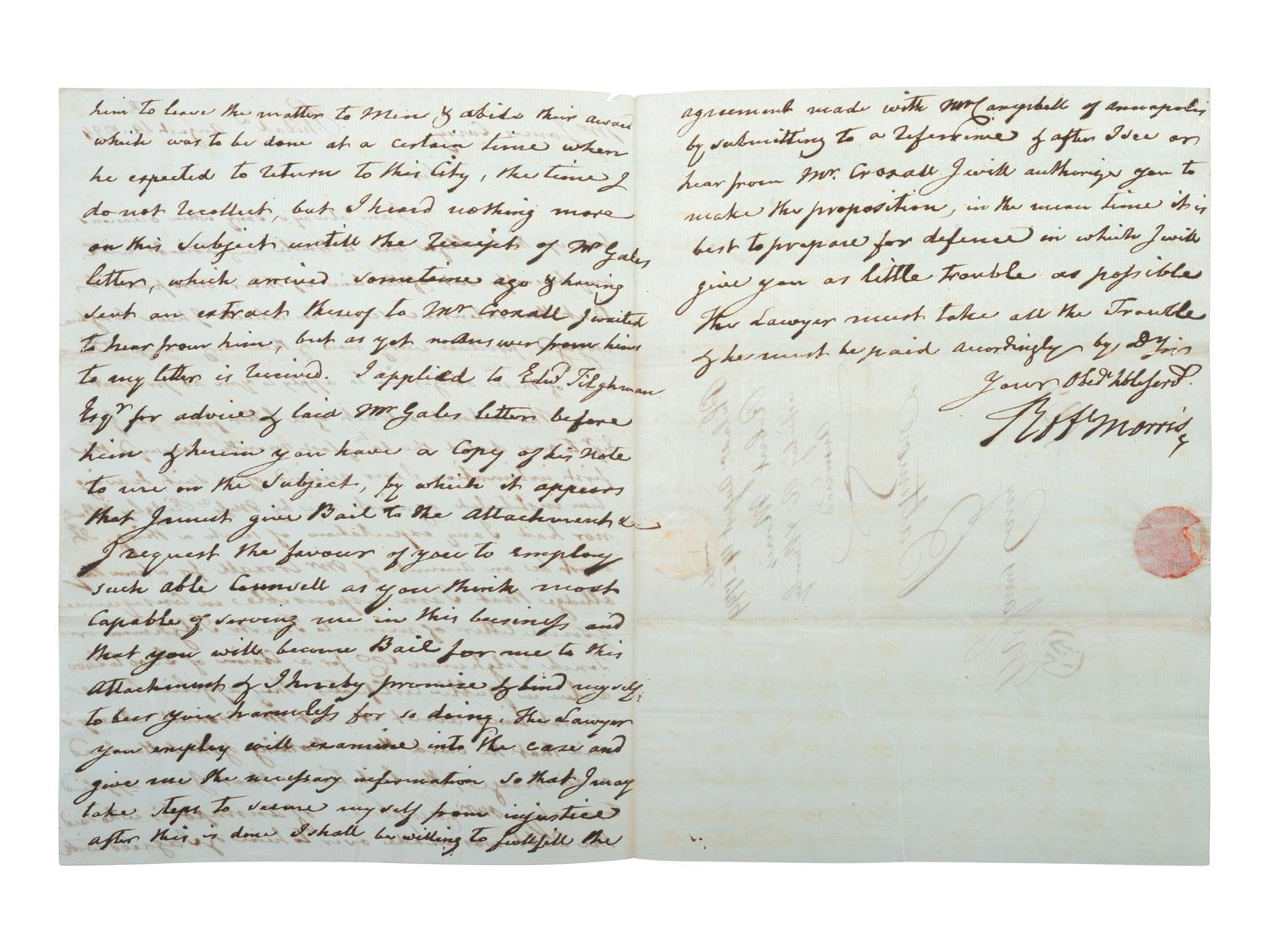 MORRIS, Robert (1734-1806). Autograph letter signed ("Robt. Morris") as United States Senator. Philadelphia, 14 August 1794.
