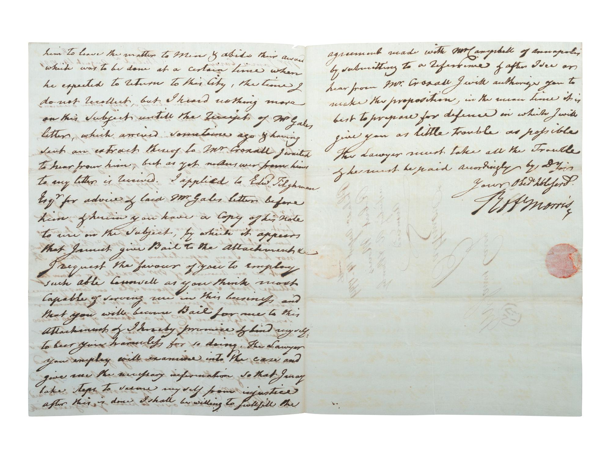 MORRIS, Robert (1734-1806). Autograph letter signed ("Robt. Morris") as United States Senator. Philadelphia, 14 August 1794.
