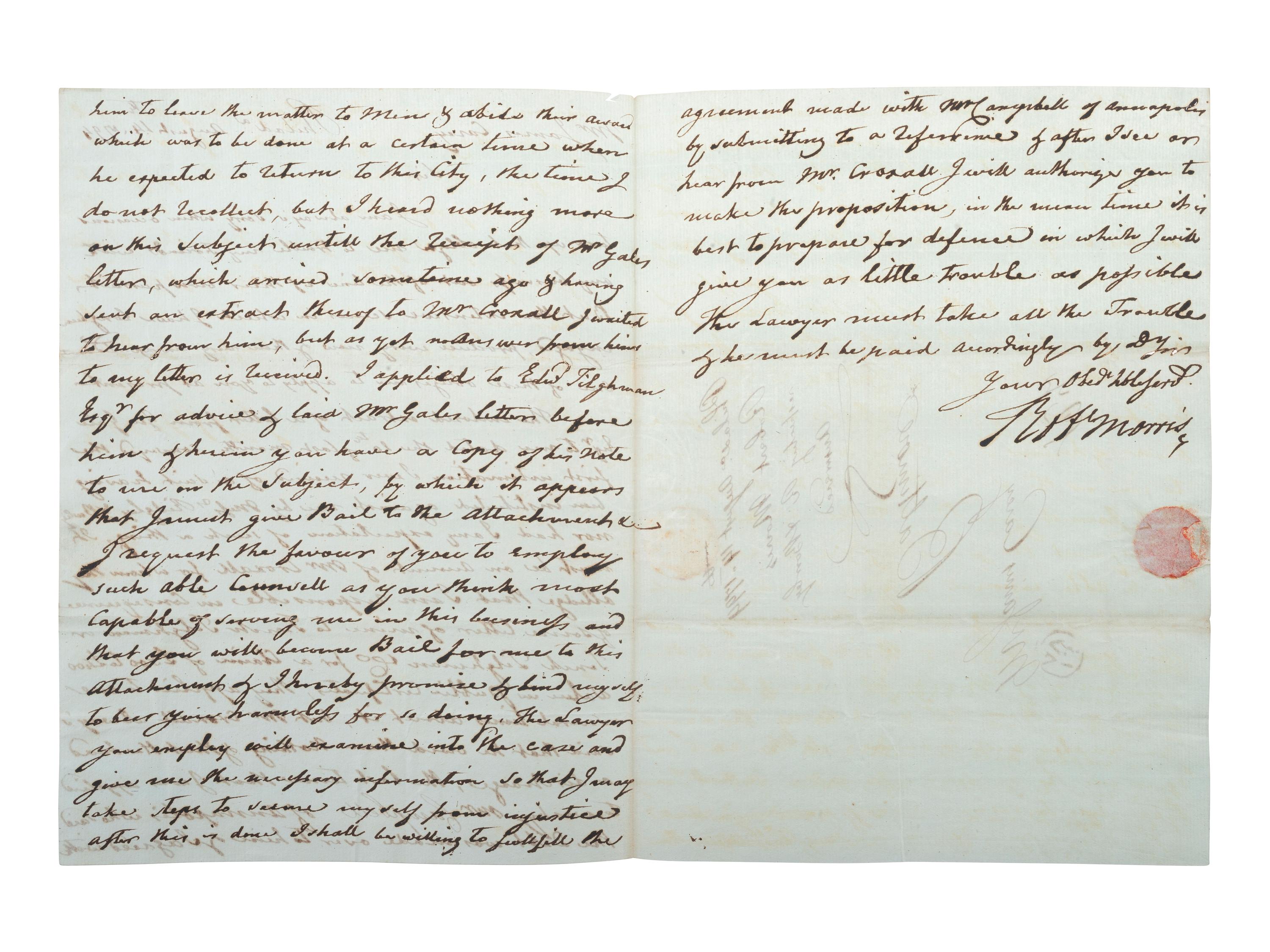 MORRIS, Robert (1734-1806). Autograph letter signed ("Robt. Morris") as United States Senator. Philadelphia, 14 August 1794.