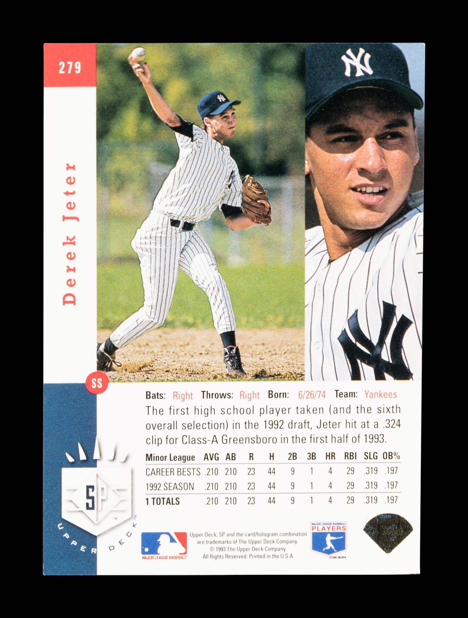 A 1993 Upper Deck SP Derek Jeter Rookie Baseball Card No. 279