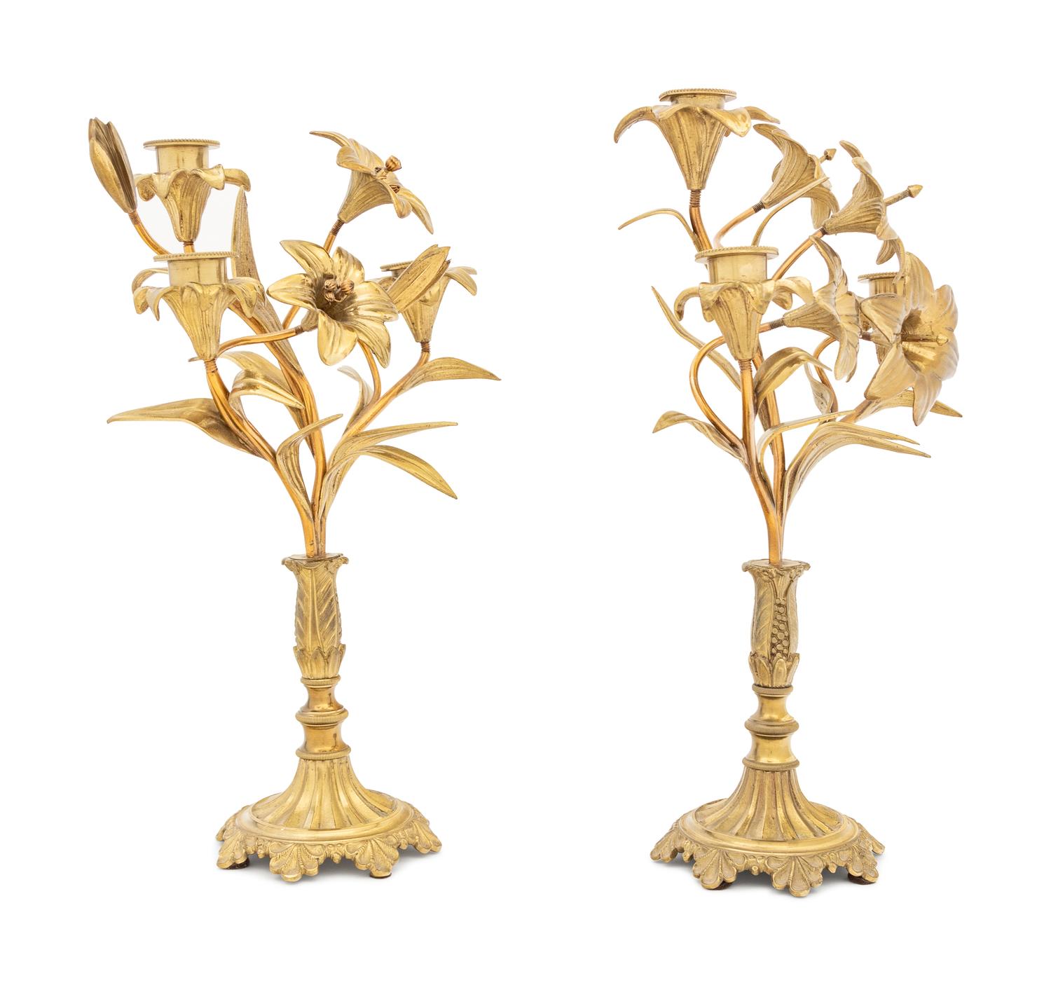 A Pair of Victorian Brass Three-Light Candelabra