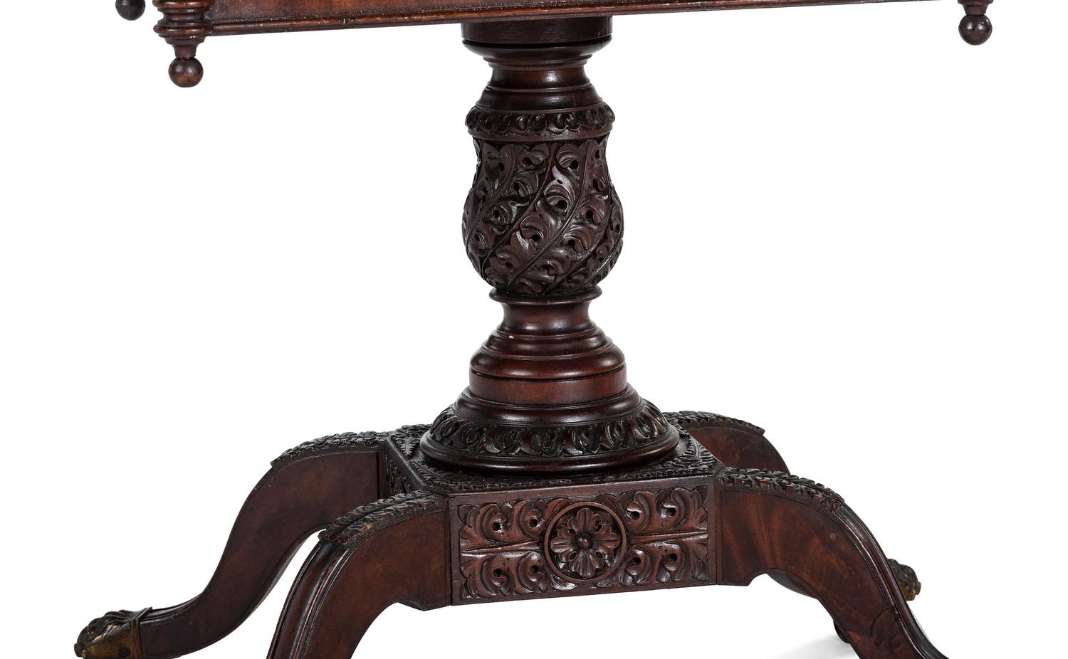 A Classical Carved and Figured Mahogany Pressed Glass Mounted Two-Drawer Work Stand