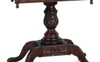 A Classical Carved and Figured Mahogany Pressed Glass Mounted Two-Drawer Work Stand