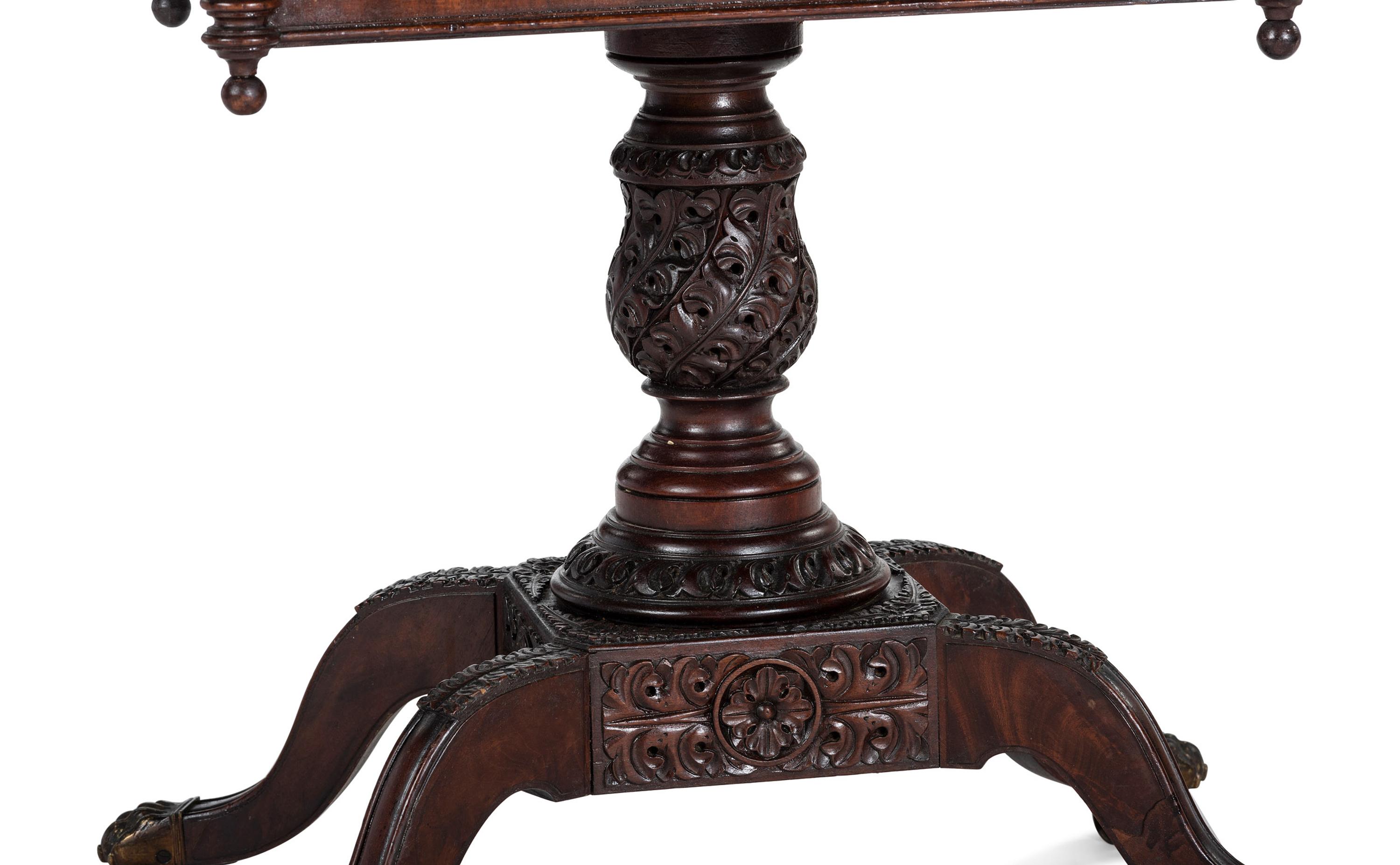 A Classical Carved and Figured Mahogany Pressed Glass Mounted Two-Drawer Work Stand