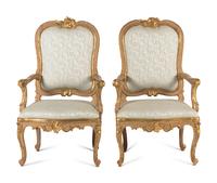 A Pair of Italian Rococo Painted and Parcel Gilt Armchairs