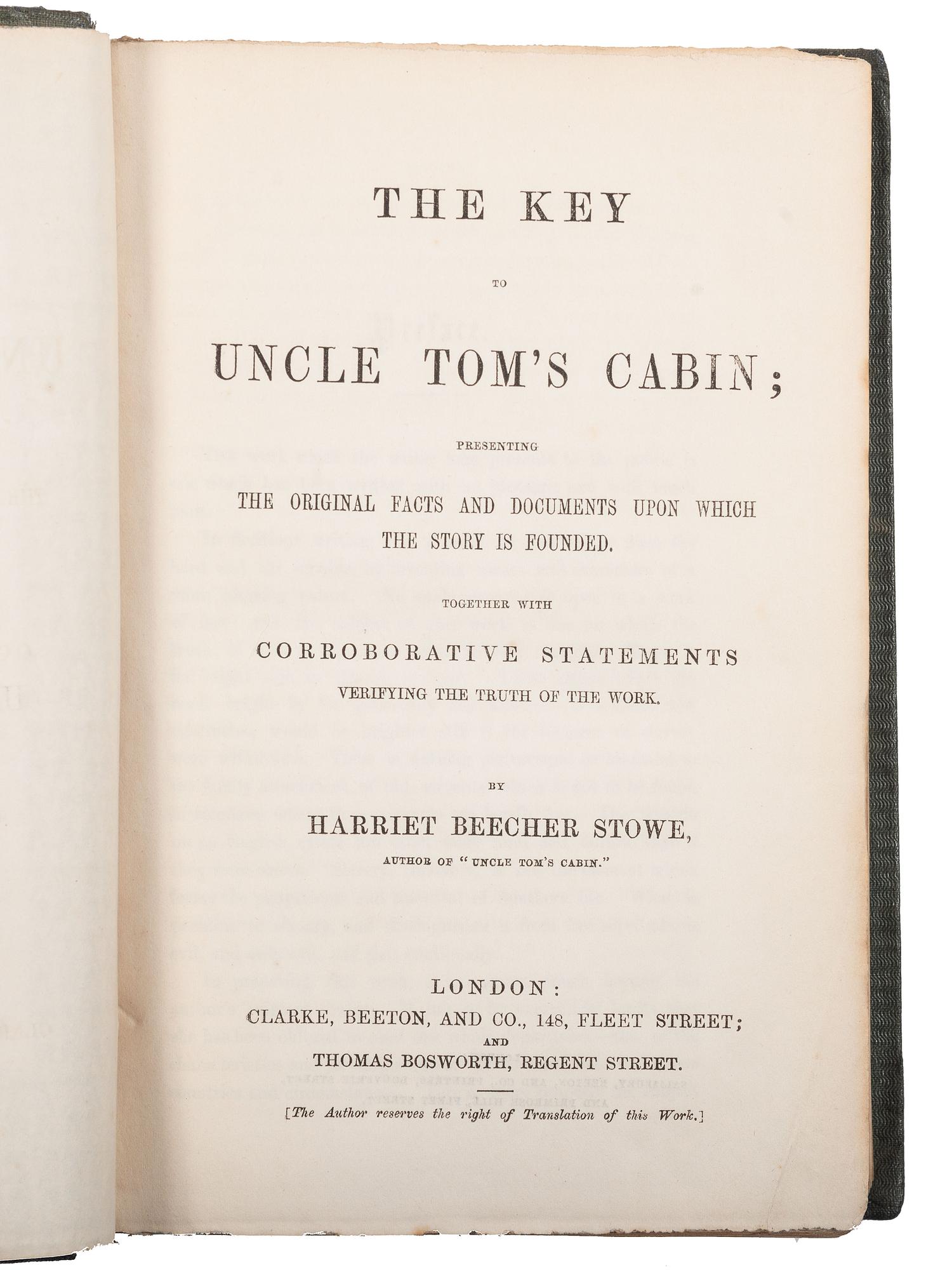 STOWE, Harriet Beecher (1811-1896). A group of 3 very early English editions of Uncle Tom's Cabin. [ With :] The Key to Uncle Tom's Cabin.