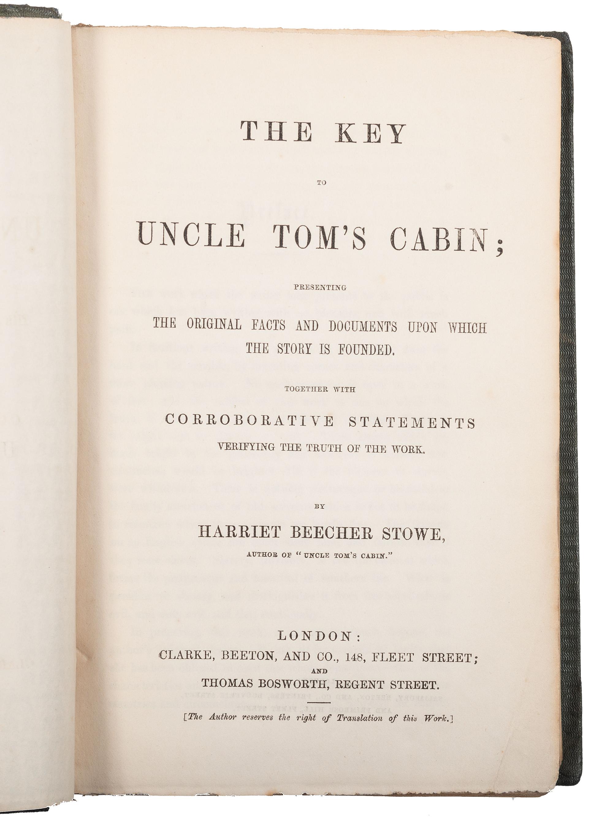 STOWE, Harriet Beecher (1811-1896). A group of 3 very early English editions of Uncle Tom's Cabin. [ With :] The Key to Uncle Tom's Cabin.