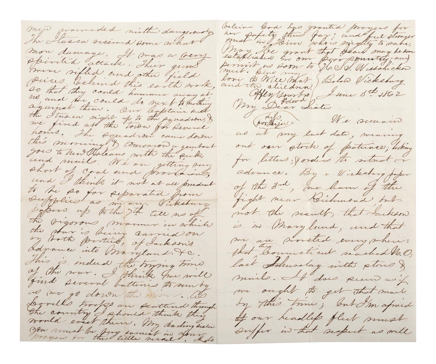 [CIVIL WAR - NAVY]. A group of 2 documents written by Officer Edward Potter with Vicksburg and Forts Philip & Jackson content, comprising: