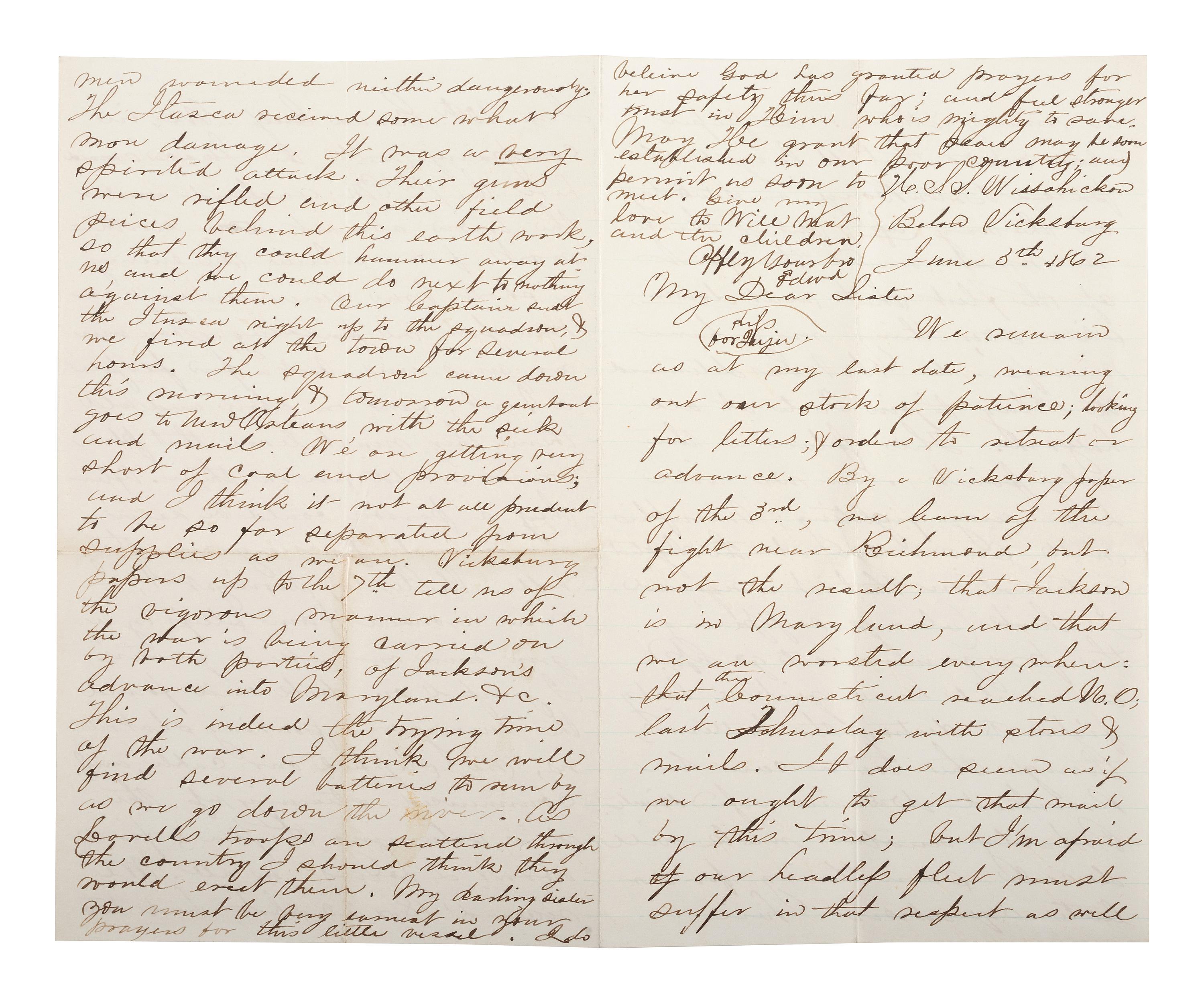 [CIVIL WAR - NAVY]. A group of 2 documents written by Officer Edward Potter with Vicksburg and Forts Philip & Jackson content, comprising: