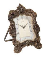 An American Silver Mounted Swiss Desk Clock, Case by Gorham Mfg. Co., Providence, RI, 20th Century, with works by Cyma, having an elong