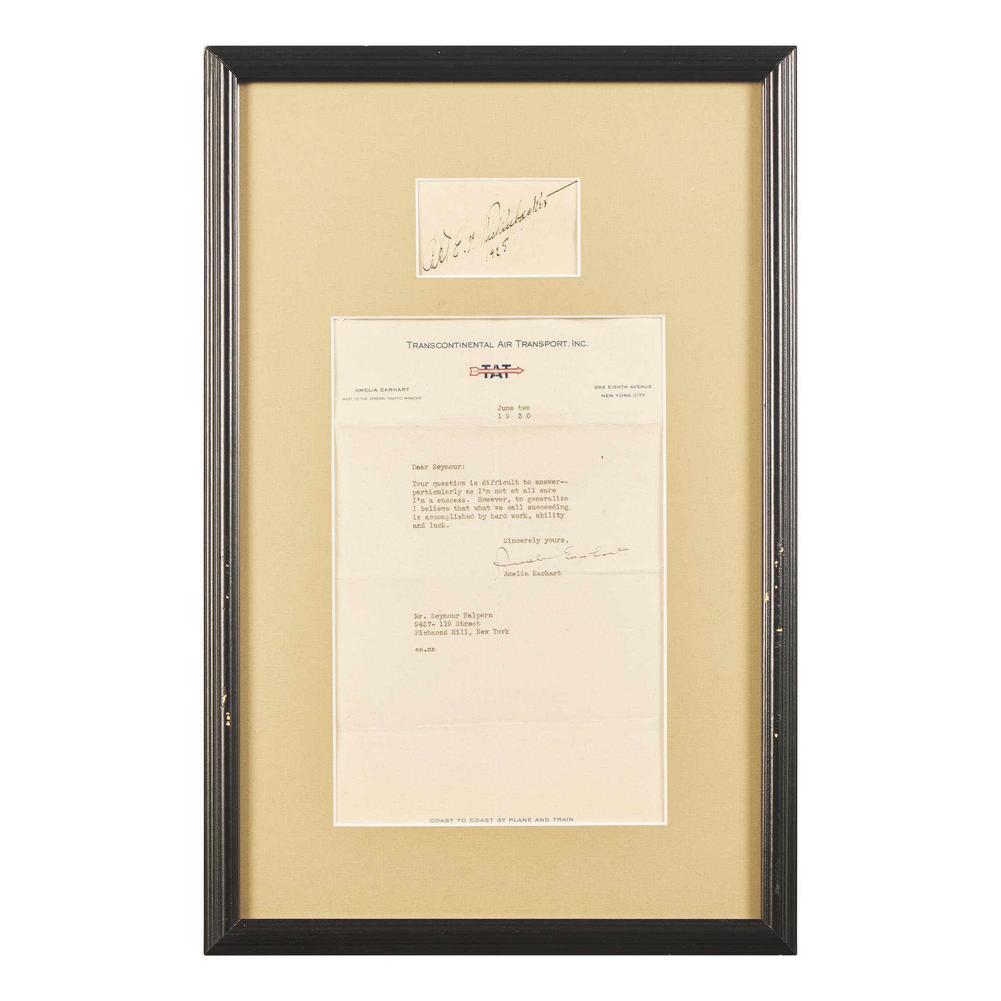 [Aviation] Earhart, Amelia and Eddie Rickenbacker. Pair of Signed Items
