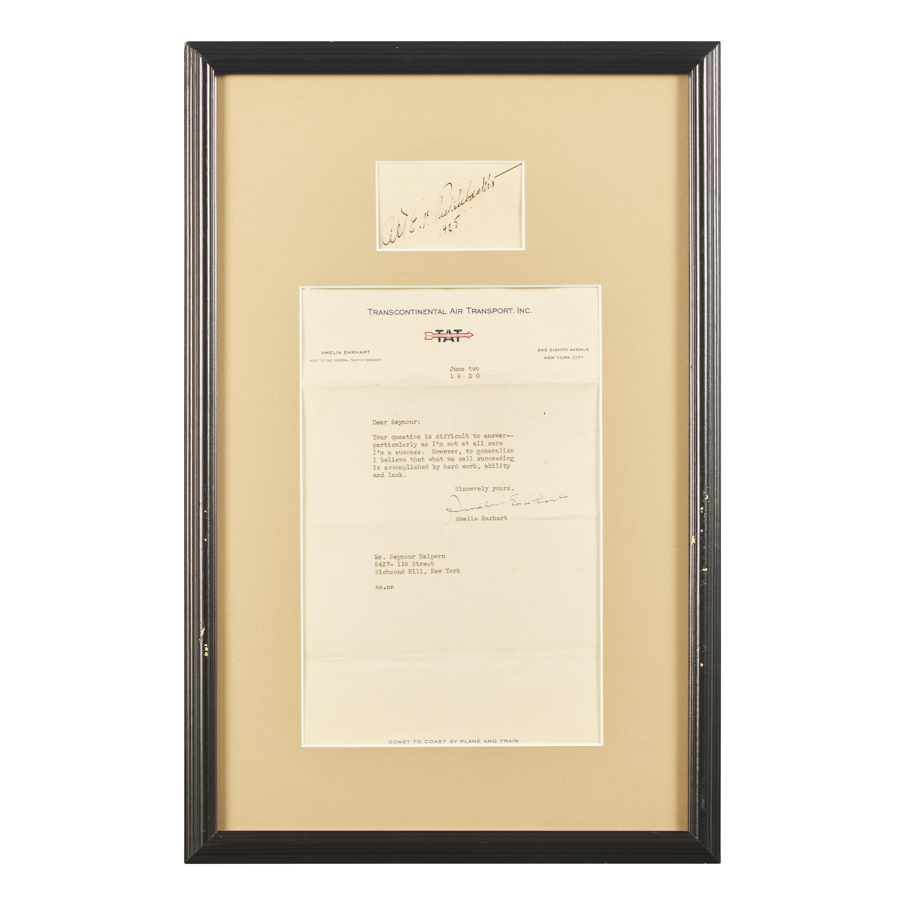 [Aviation] Earhart, Amelia and Eddie Rickenbacker. Pair of Signed Items