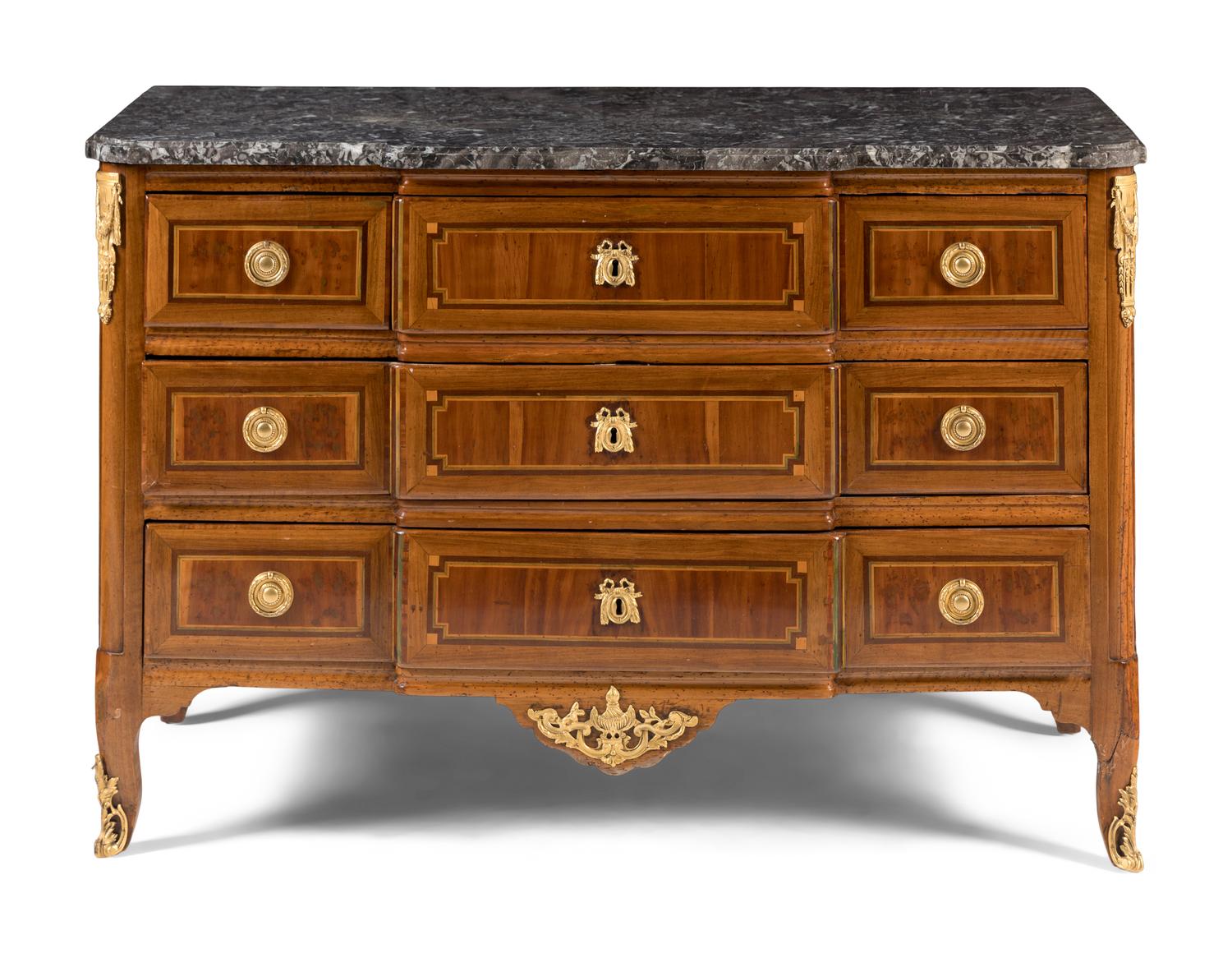A Louis XV/XVI Transitional Gilt Bronze Mounted Walnut Marble-Top Commode