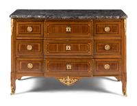A Louis XV/XVI Transitional Gilt Bronze Mounted Walnut Marble-Top Commode