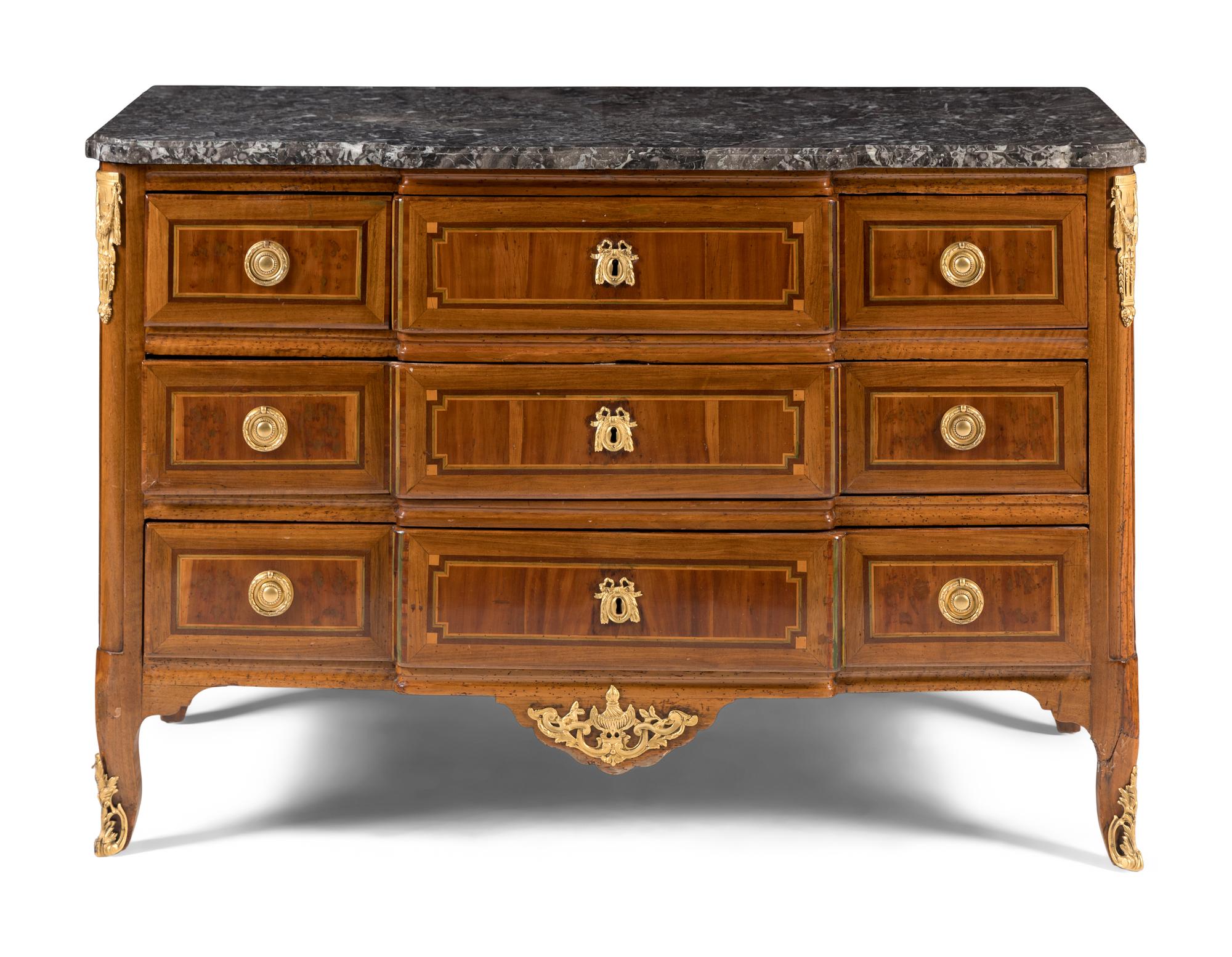 A Louis XV/XVI Transitional Gilt Bronze Mounted Walnut Marble-Top Commode