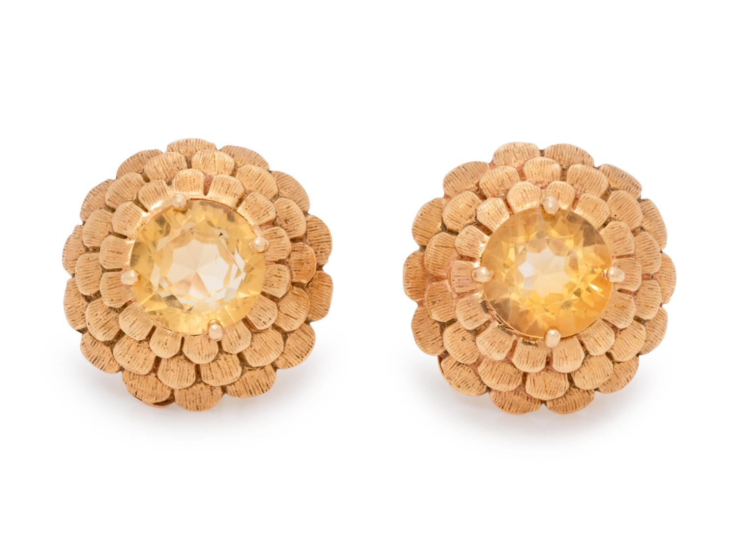 A Pair of 14 Karat Yellow Gold and Citrine Earclips,