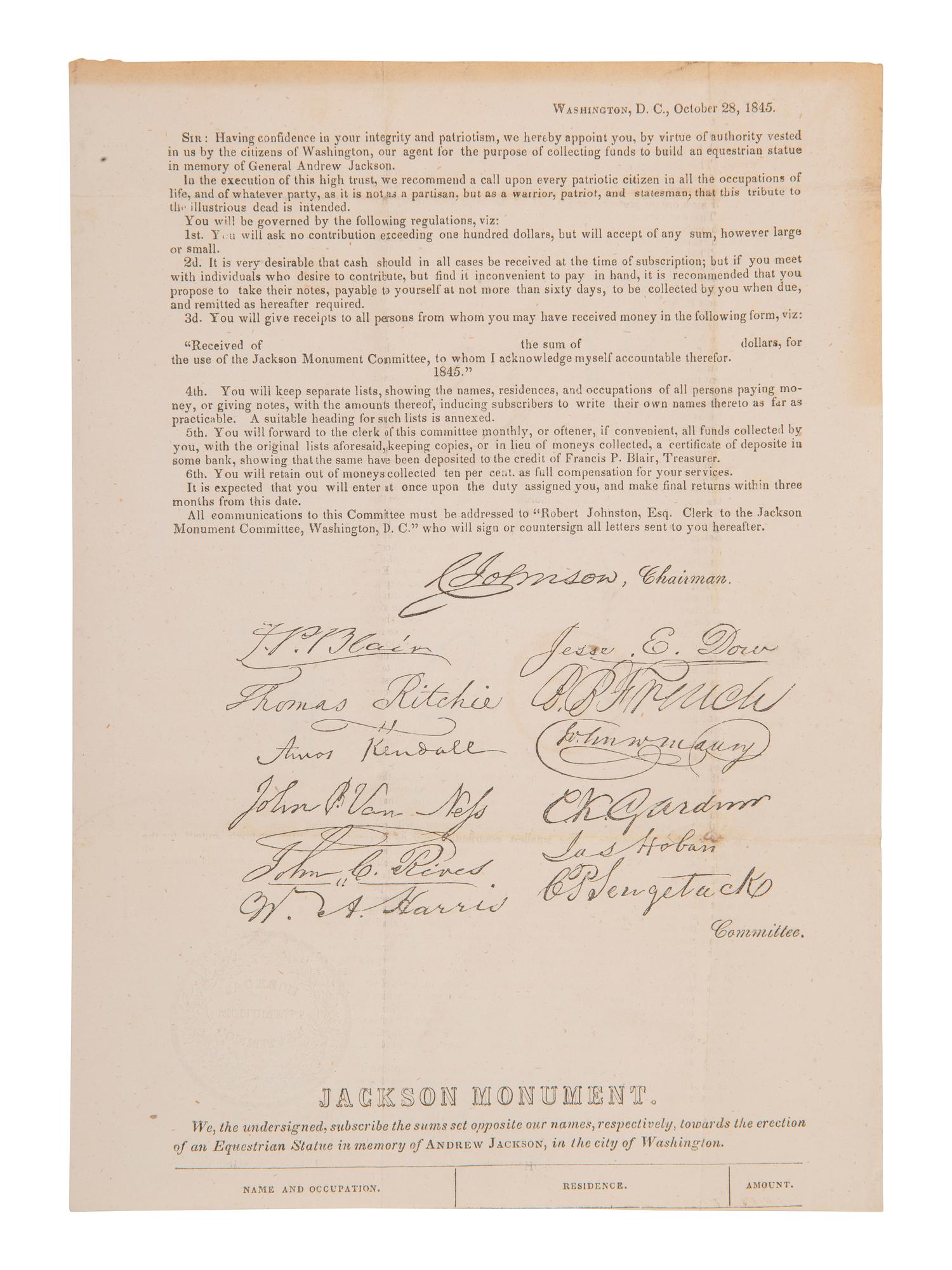 JACKSON, Andrew (1767-1845). Signature ("Andrew Jackson"), on a blank leaf excised from a book.