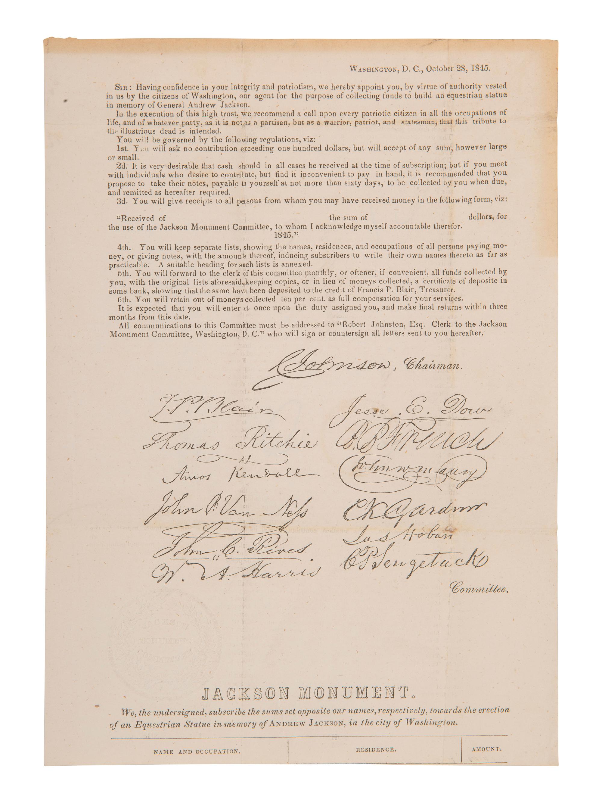 JACKSON, Andrew (1767-1845). Signature ("Andrew Jackson"), on a blank leaf excised from a book.