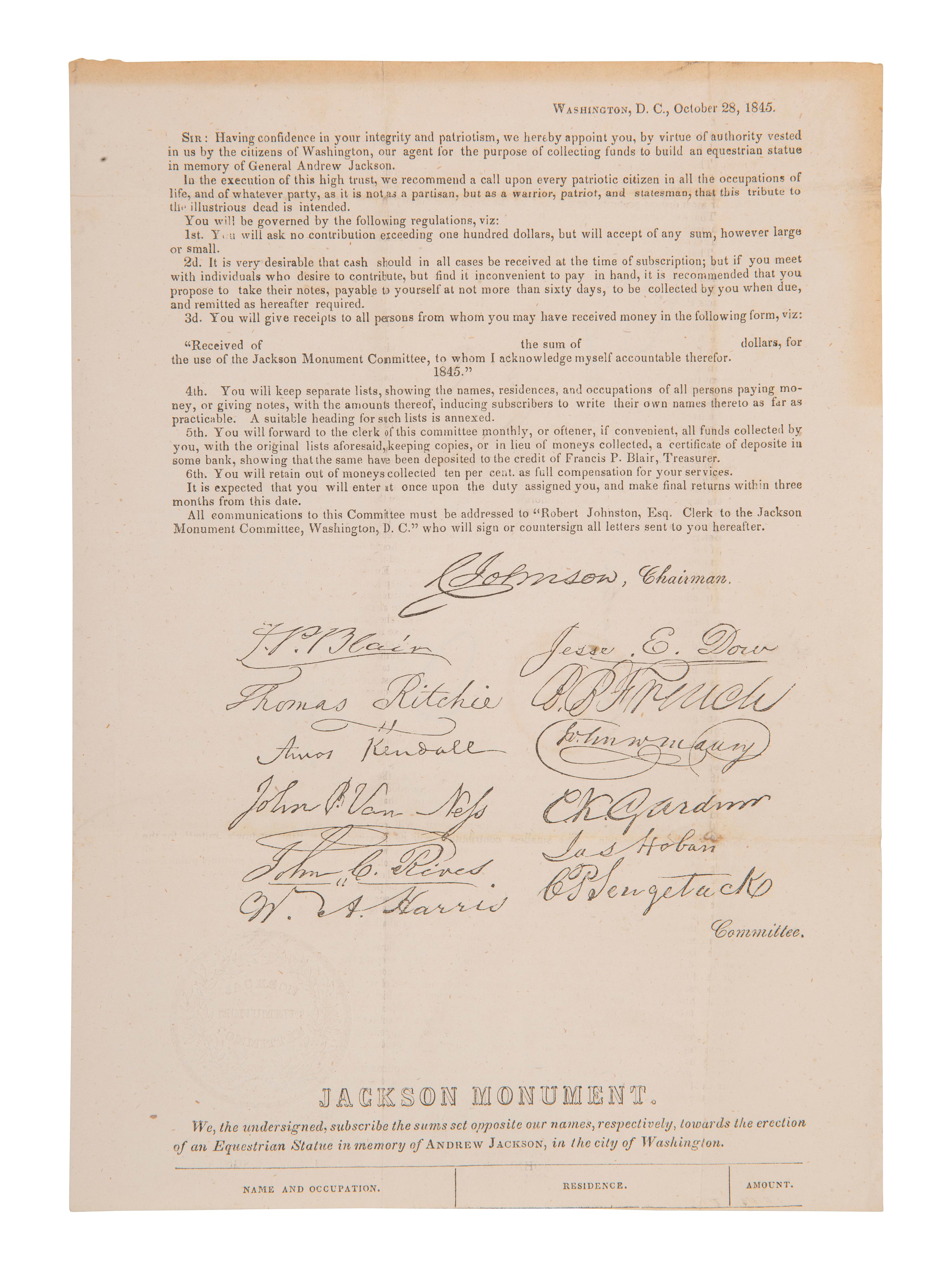 JACKSON, Andrew (1767-1845). Signature ("Andrew Jackson"), on a blank leaf excised from a book.