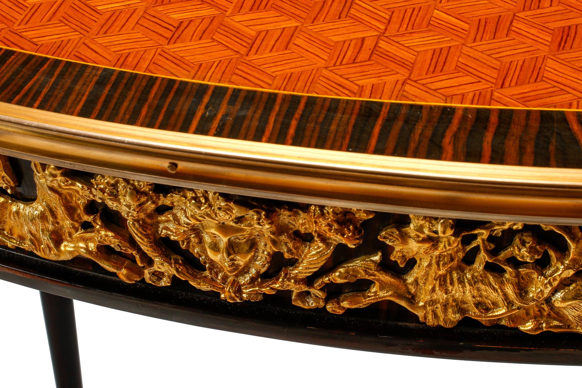 A Pair of Louis XV Style Parquetry and Gilt Bronze Mounted Tables
