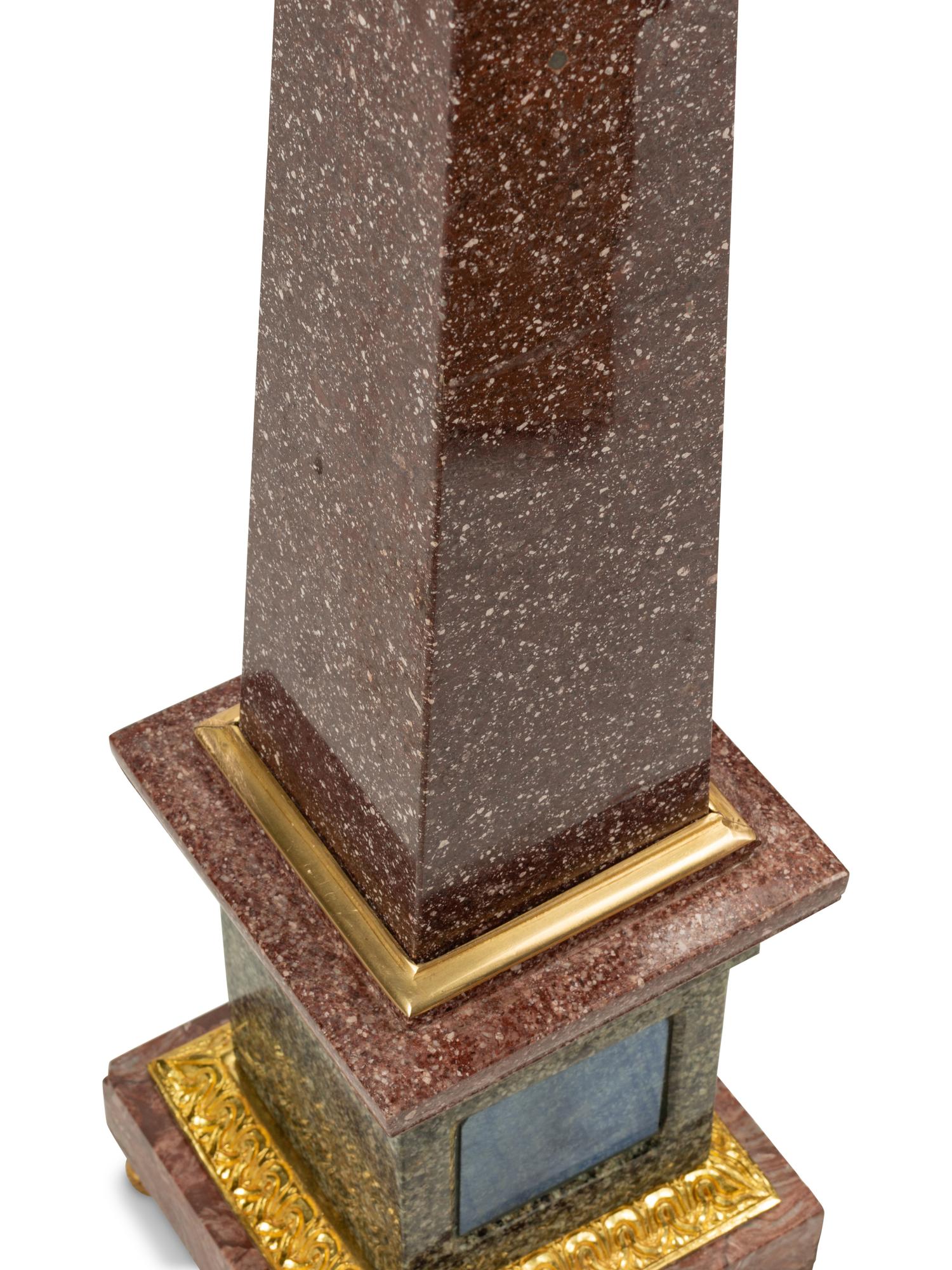 A Pair of Continental Gilt Bronze Mounted Hardstone and Marble Obelisks