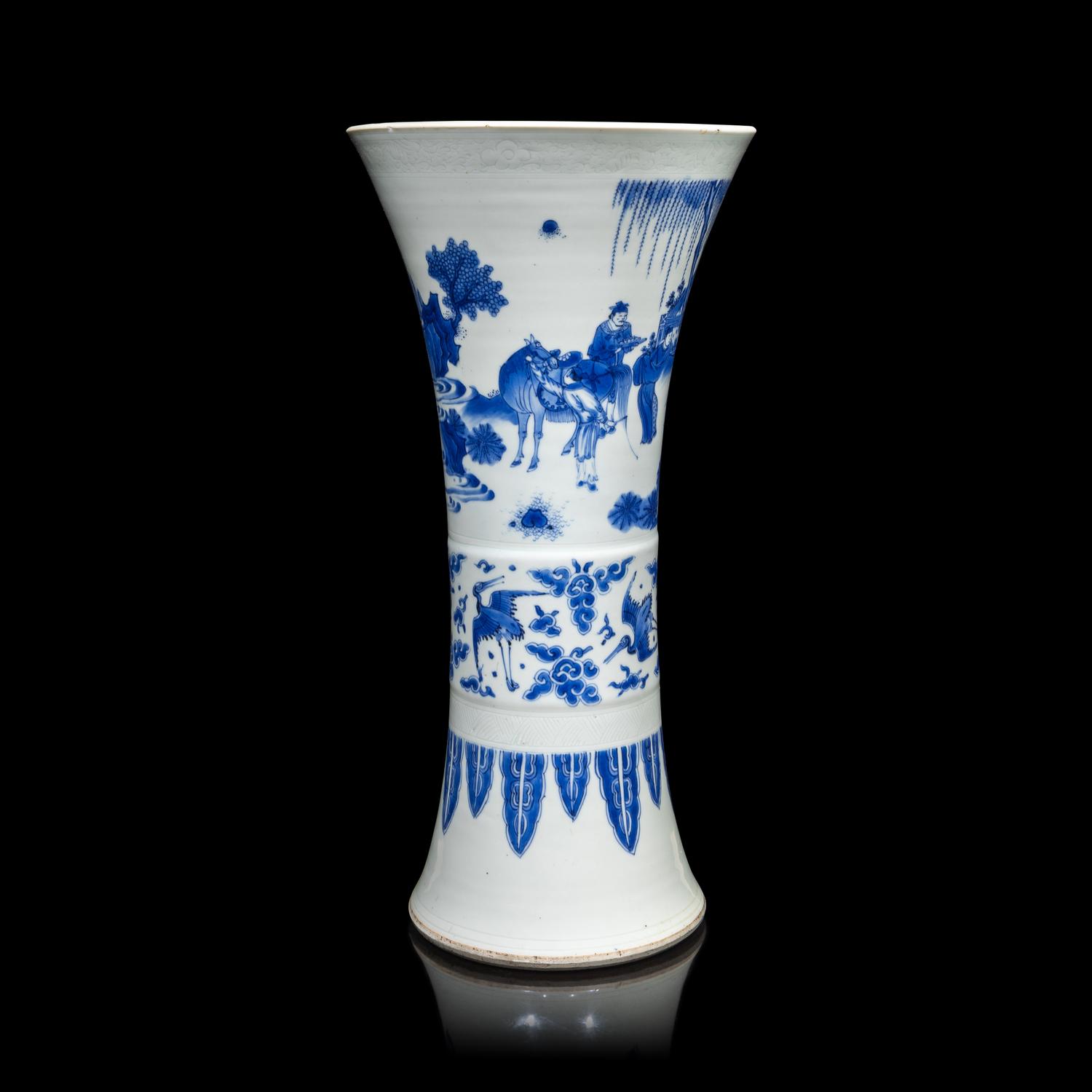 A Chinese Blue and White Porcelain 'Figure' Gu Vase, Transitional Period, 17th Century 明末清初 青花人物故事圖觚