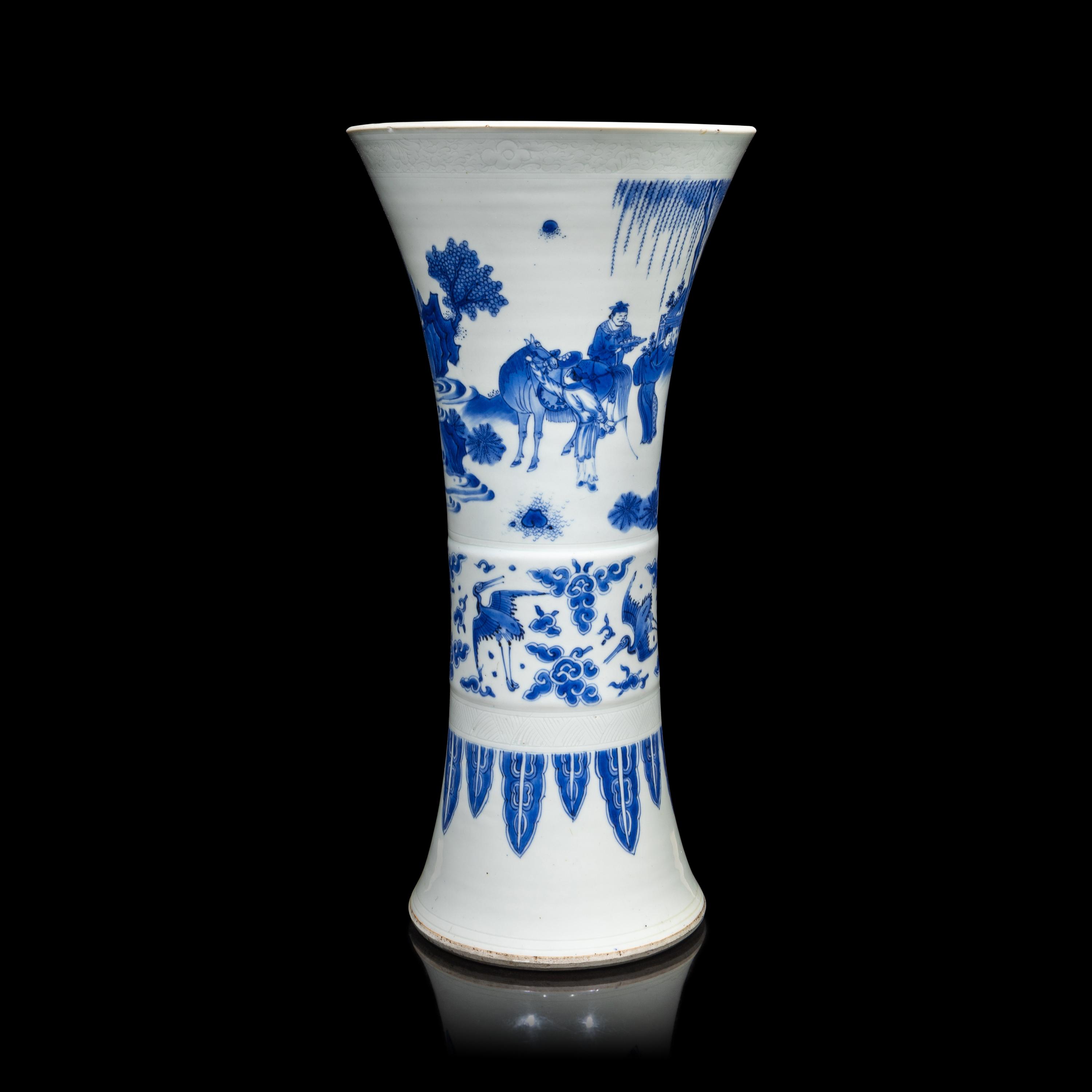 A Chinese Blue and White Porcelain 'Figure' Gu Vase, Transitional Period, 17th Century 明末清初 青花人物故事圖觚