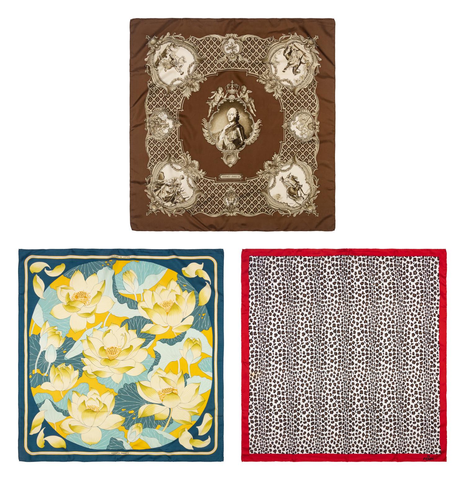 Two Hermès Scarves and One Fendi Silk Scarf