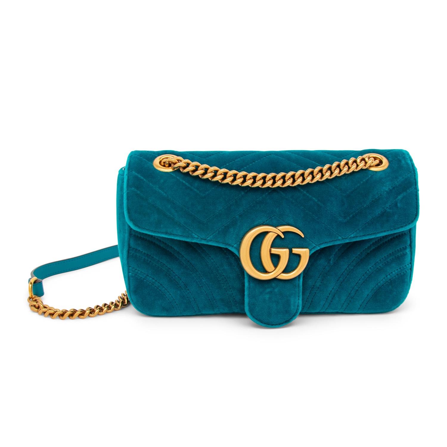 GUCCI, TEAL VELVET MARMONT BAG